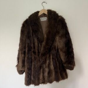 Vintage GJ Papillon Montreal Faux Fur Coat Brown Striped Mid Length Shawl Collar